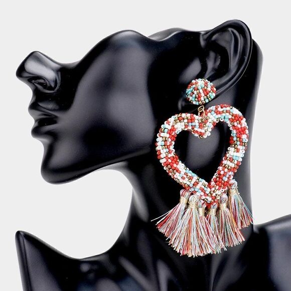 Seed Bead Heart Multi Tassel Earrings - Picture 1 of 5